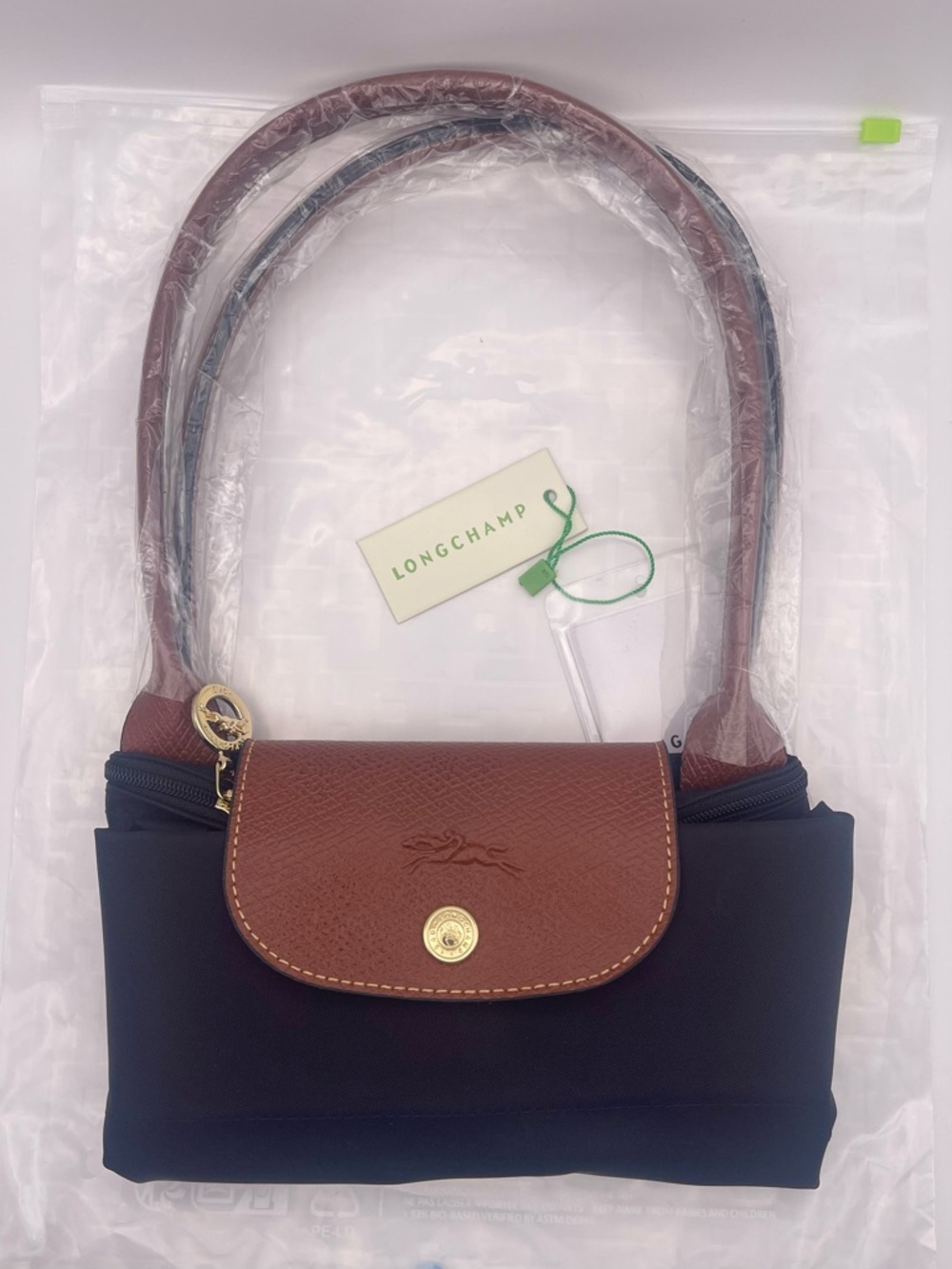 Longchamp Le Pliage Medium Black Nylon Brown Leather Tote